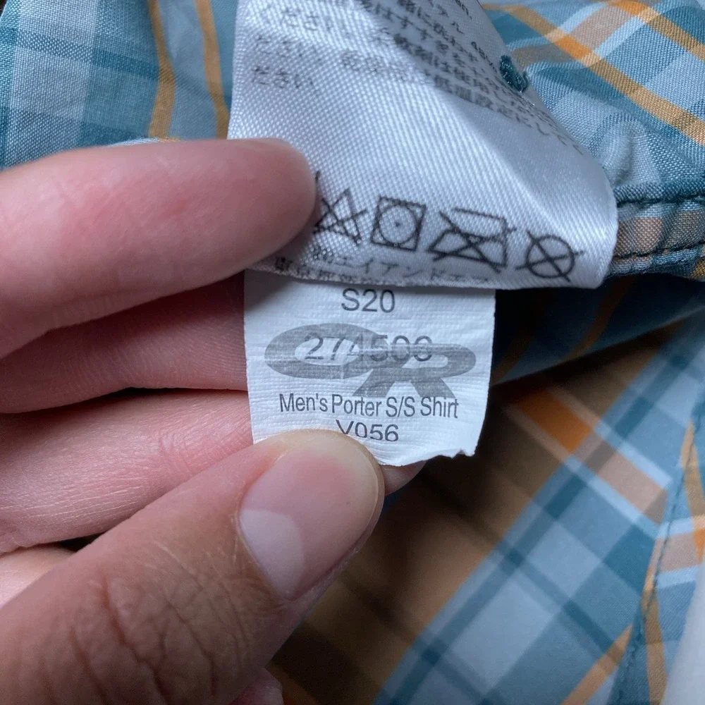 Outdoor Research Porter Shirt M S/S Blue Orange Plaid Hiking Gorpcore V056